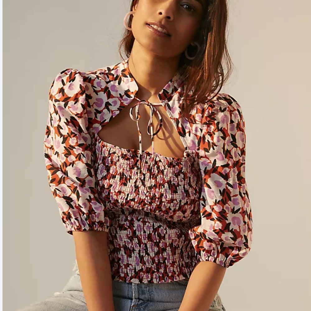 Anthropologie Pink Floral Smocked Puff-Sleeve Blouse